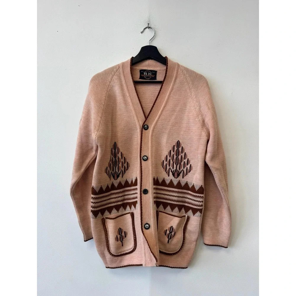 VIntage R.K. Cardigan Sweater Mens‎ Small Tribal Geometric Knit Pockets Western